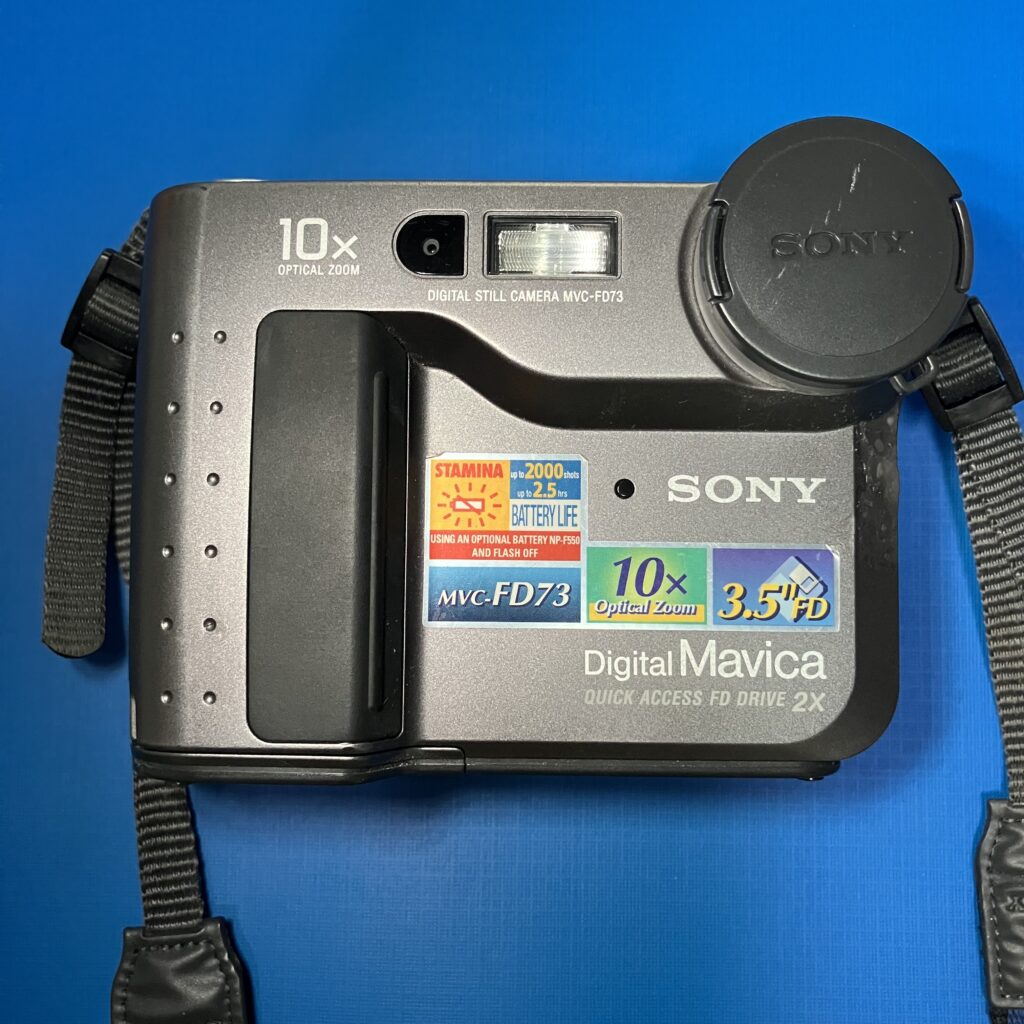 Sony Mavica MVC-FD73 digital camera with built-in 3.5-inch floppy disk drive.